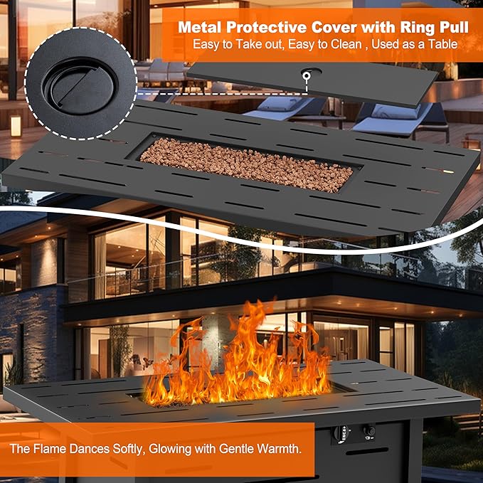 Walsunny 43 inch Outdoor Propane Fire Pit 50000 BTU Gas Fire Pit Table with Lid Waterproof Cover Rectangle Gas Firepit Table for Garden/Patio CSA Certification