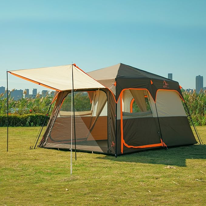 KTT Extra Large Tent 6-10-12-14 Person(A)Family Cabin Tents2 Rooms3 Doors and 3 Windows with MeshStraight WallWaterproofDouble LayerBig Tent for OutdoorPicnicCampingFamily Gathering