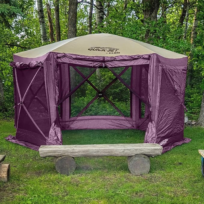 Clam Pavilion 12.5' Pop-Up Screen Tent – Plum Outdoor Camping Gazebo Canopy with Wind Panels Mesh Netting &amp Carry Bag – 6-Sided Portable Shelter for 8 People – Fast Setup Patio or Event Tent