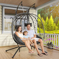 CHABATREE Double Egg Swing Chair with Stand - 2 Person Outdoor Patio Hanging Wicker Hammock Chair with Cushion Dark Grey for Garden Lawn Bedroom Indoor/Outdoor Use