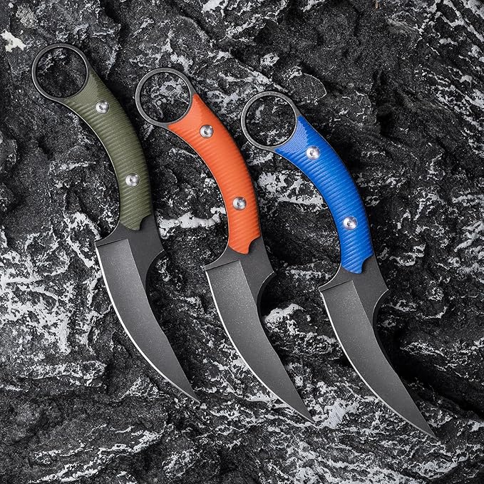 Fixed Blade Knife D2 Steel Blade and G10 Handle Utility Claw EDC Knife for Outdoor Survival Hiking Camping with Kydex Sheath OK1220 (Blue)