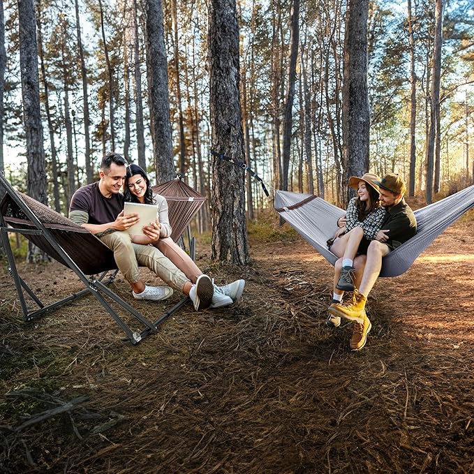 Tranquillo Combo x2 Hammocks with Stand for Outside &amp Tree Straps Heavy Duty Hammock with Stand 600lbs for Indoor Outdoor Patio Backyard x2 Hammocks for 2 Person (Combo - Brown Medium)