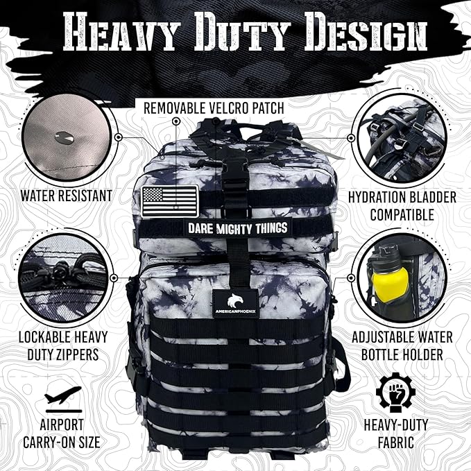 AMERICANPHOENIX 45L Elite Tactical Backpack | 3X Stronger Work &amp Military Backpack | Water Resistant and Heavy Duty | 3 Day MOLLE Bug Out Bag (Black Ice)