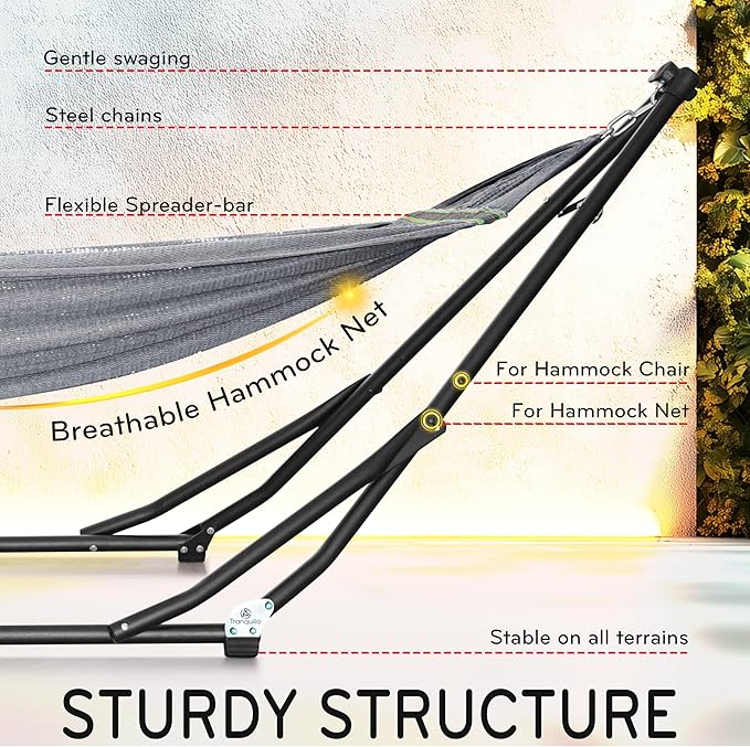 Tranquillo UniGen Hammock Hammock Stands Heavy Duty Indoor/Outdoor Hammock with Signature Steel Stand 600lbs Premium Foldable Durable 2-Layered Soft Polyester Grey