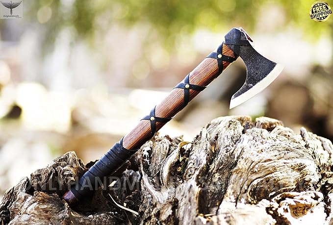 Custom Gift Forged Carbon Steel Viking Axe with Rose Wood Shaft Viking Bearded Camping Axe &amp Hatchet Birthday Gift for Him Ragnar Axe axis (Ragnar)