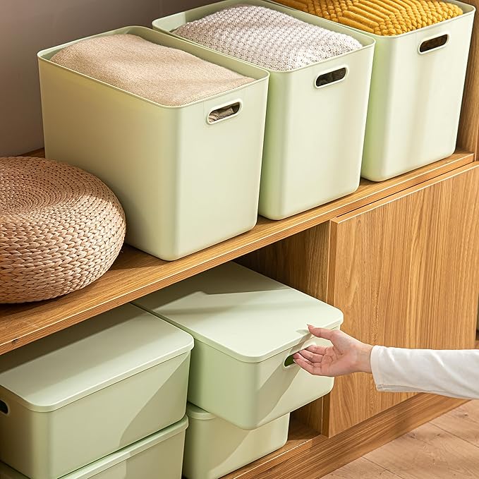 5 pack large plastic White storage bins with Lids Toy Box Chest with HandleOrganizer Containers Baskets for BabyNurseryShelvesPlayroom BedroomOfficeClosethome (Light Green 5L)
