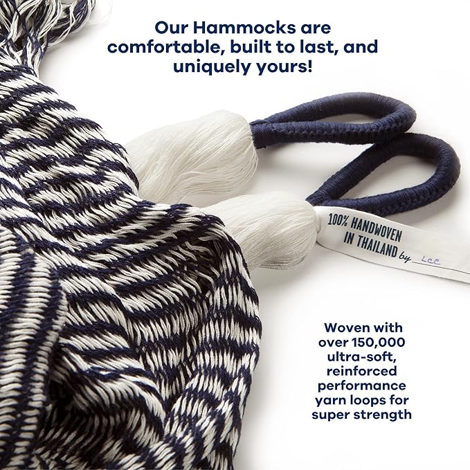 Handwoven Hammock by Yellow Leaf Hammocks - Family Size Fits 2+ PPL 550lb max - Weathersafe Super Strong Easy to Hang Ultra Soft Artisan Made - Color: Stripe Navy Blue - White