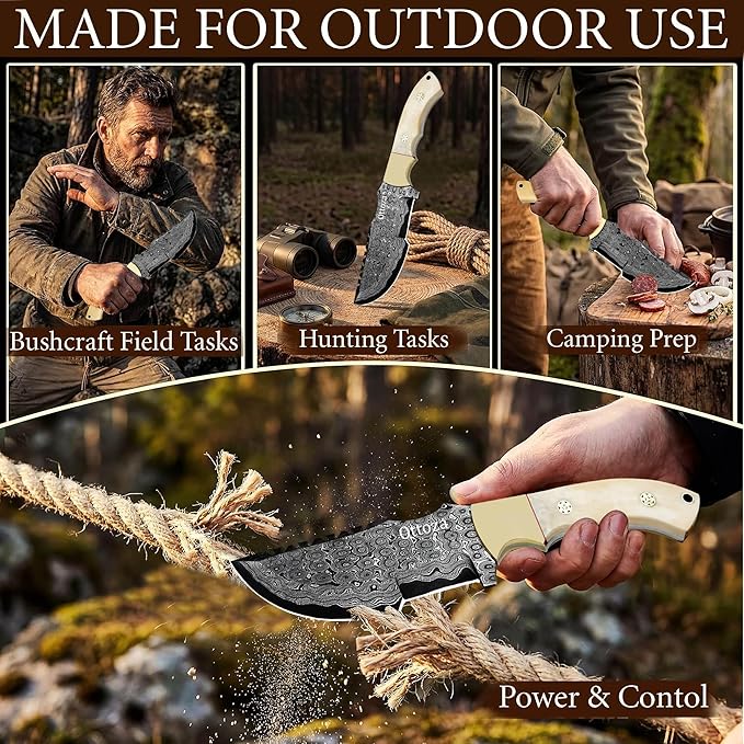 Ottoza Handmade Damascus Hunting Knife with Sheath - Fixed Blade Camping &amp Survival Knives for Men Horizontal Carry Tracker-Style Outdoor Gifts for Men 115