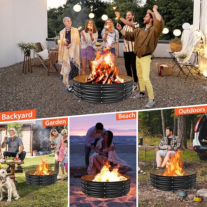 YSEJOMP 48 Inch Round Galvanized Fire Pit Ring/Fire Ring - Foldable and Perfect for Outdoor Gatherings and Campfires in The Yard/Garden/Park/Beach (Black+Gray 4 FT Diameter+1 FT Tall)