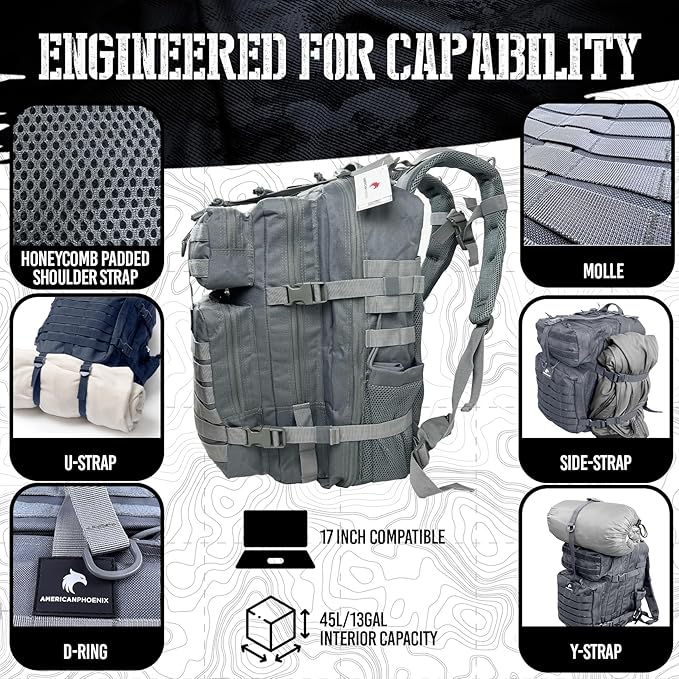 AMERICANPHOENIX 45L Elite Tactical Backpack | 3X Stronger Work &amp Military Backpack | Water Resistant and Heavy Duty | 3 Day MOLLE Bug Out Bag (Arctic Grey)