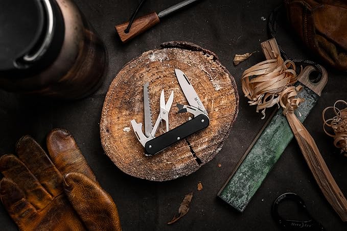 Fox Knives Vulpis FX-VP130-SF5 Slipjoint EDC Pocket Knife 5-in-1 Multitool - 2.17in Blade Hacksaw Bottle Opener Can Opener Scissors Flat Head Screwdriver - Every Day Carry (Black)
