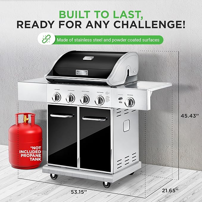 NutriChef Heavy-Duty 5-Burner Propane Gas Grill - Stainless Steel 52000 BTU 4 Main Burners + Side Electronic Ignition Built-in Thermometer - NCGRIL2.5