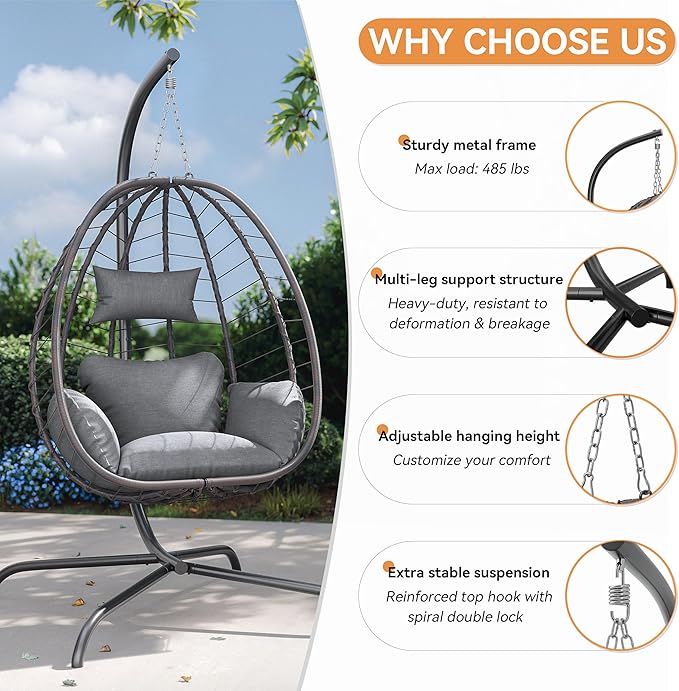 ALAULM Foldable Egg Chair with Stand 485LBS Capacity Wicker Rattan Hammock Swing Chair for Outdoor &amp Indoor Hanging Chair with Strong Frame &amp UV Resistant Cushion for Balcony Bedroom Light