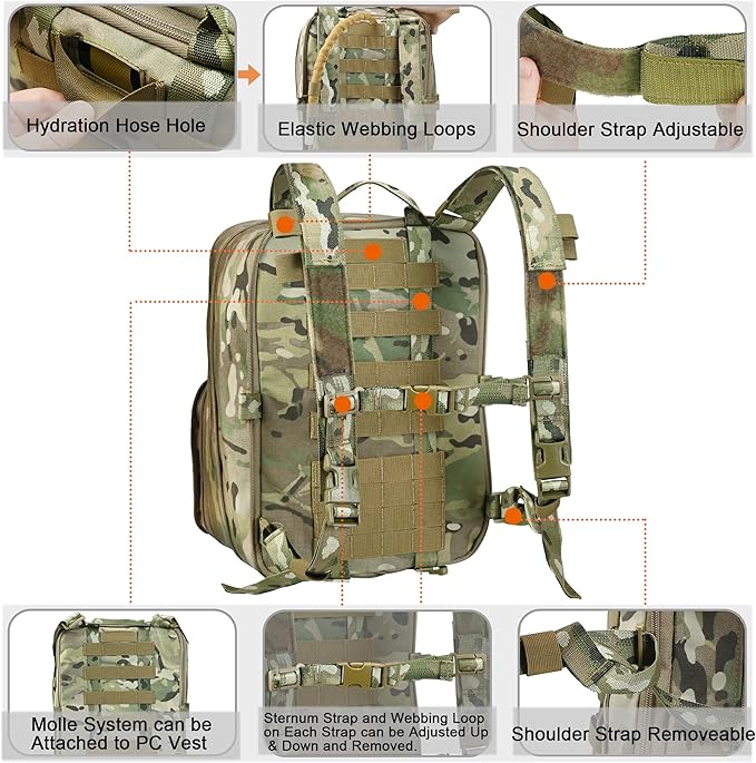 Tactical Expandable Flatpack Chest Rig Backpack MOLLE Assault Pack Hydration Pack for PC Vest (CP)