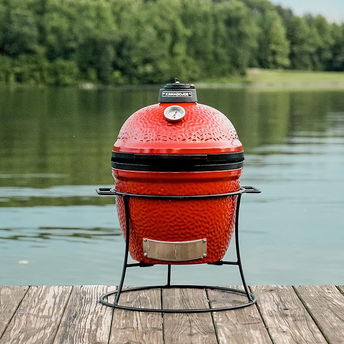 Kamado Joe Joe Jr 13.5-inch Portable Ceramic Charcoal Grill with Grill Stand Stainless Steel Cooking Grate Heat Deflectors and Ash Tool in Red Model KJ13RH