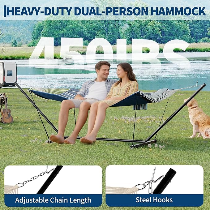 2 Person Double Hammock with Stand &amp Pillow 450 LBS Heavy Duty Outdoor Hammock with Balance Rope for Patio Backyard Poolside