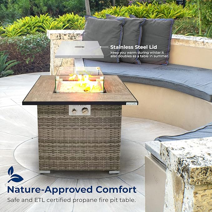 SereneLife Outdoor Propane Fire Pit Table 50000 BTU CSA ETL Certified Square Wicker Gas Fire Table with Tile Top Adjustable Flame Decorative Glass Rocks Weather-Resistant for Patio or Backyard