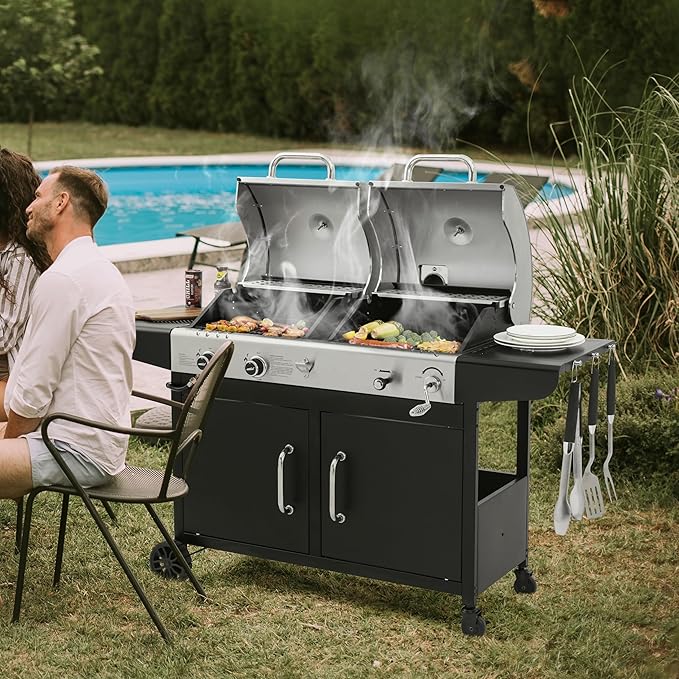 Royal Gourmet ZH3002N Propane Gas and Charcoal Grill Combo Dual Fuel BBQ Grill with 2 Side Shelves for Outdoor Patio Garden Backyard Barbecue 20000 BTUs Silver &amp Black
