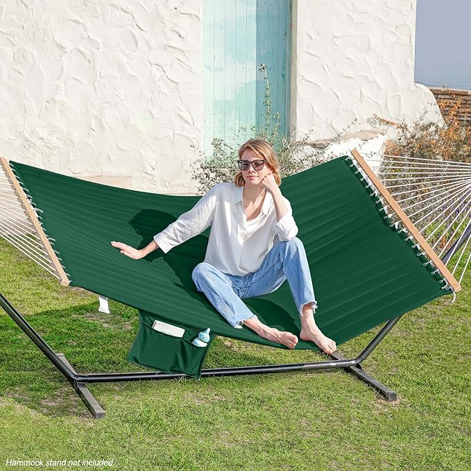 GAFETE Hammock 2 Person Quilted Fabric Hammocks for Outside Double 12ft Hammocks with Spreader Bar Large Removable Pillow Storage Bag Carabiners Max 475 lbs Capacity (Night Green)
