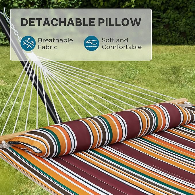 SUPERJARE Hammock with Stand 2 Person Quilted Outdoor Hammock Detachable Pillow &amp Bamboo Spreaders Portable Hammock with Carrying Bag Heavy Duty Stand Perfect for Outside Patio Maple-Leaf R