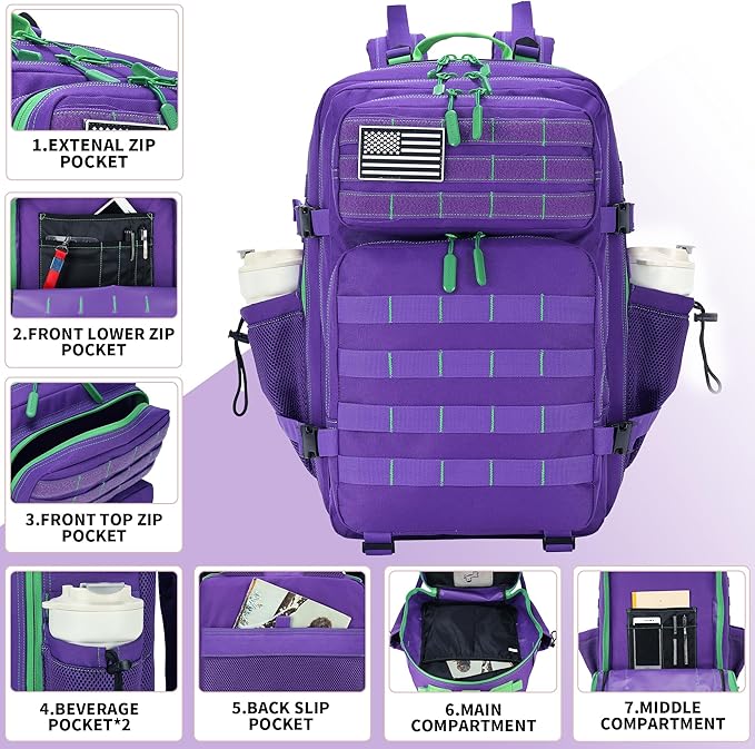 Lovelinks21 45L Tactical Assault Backpack 3 day assault pack with Molle Waterproof backpack Rucksack for Tactical Backpacks (Purple Green)