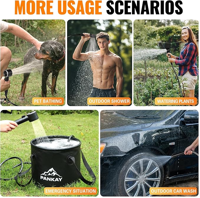 Portable Shower for Camping 8000mAh Rechargeable Camping Shower Pump with XL Foldable Bucket IPX8 Waterproof Surrounding Water Inlet 5 Pressure Modes Outdoor Shower Pump for Hiking Travel Pet