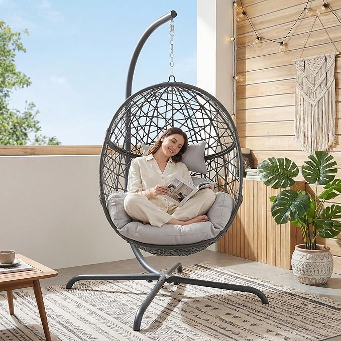 BULEXYARD Oversized Hanging Egg Chair with Stand Indoor Outdoor Grey Wicker Bird Cage Swing Chair Patio Hammock Egg-Shaped Chair with Light Grey Cushion for Sunroom Deck 350lbs Capacity