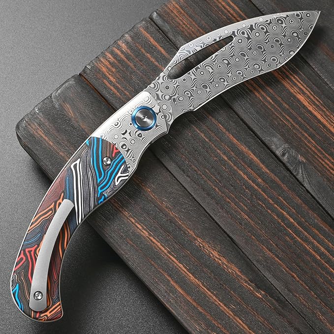 Sitivien ST270 Folding Knife Damascus Steel Blade Colorful G10 &amp Damascus Handle with Ball Bearing for Men Women Outdoor Camping Hiking Fishing(Wood)