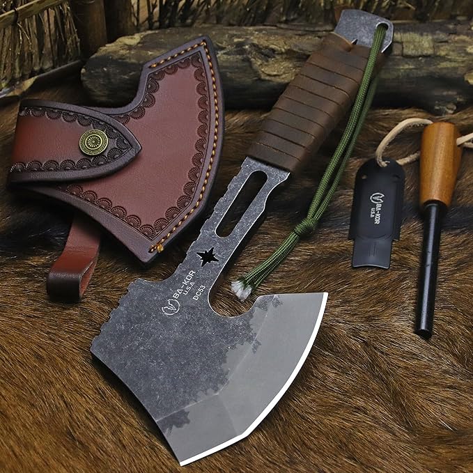 BA-KOR 12.2-inch DC53 Steel 10mm Thick Multi-Functional Survival Axe for Camping EDC Tool Jungle Logging Axe + Axe Sheath (5.9in) Cerium igniter