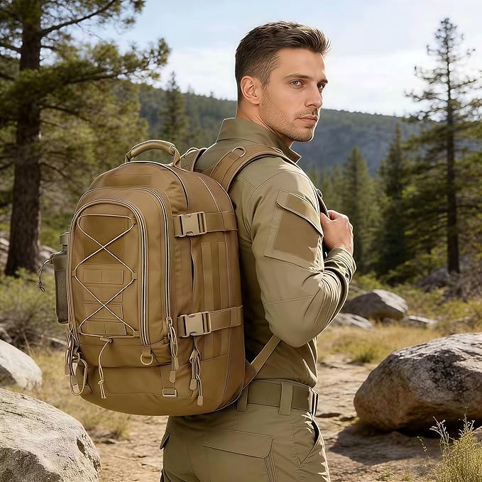 Large Tactical Military Backpack for Men - Molle DIY System Bag for Travel Work Camping Hunting &amp Hiking (Khaki-A)