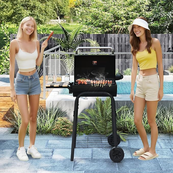 Giantex Portable Charcoal Grill with Foldable Side Table Outdoor BBQ Smoker Grill with Wheels Thermometer Adjustable Air Vent Bottom Shelf Barrel Barbecue Grills for Patio Camping &amp Tailgate
