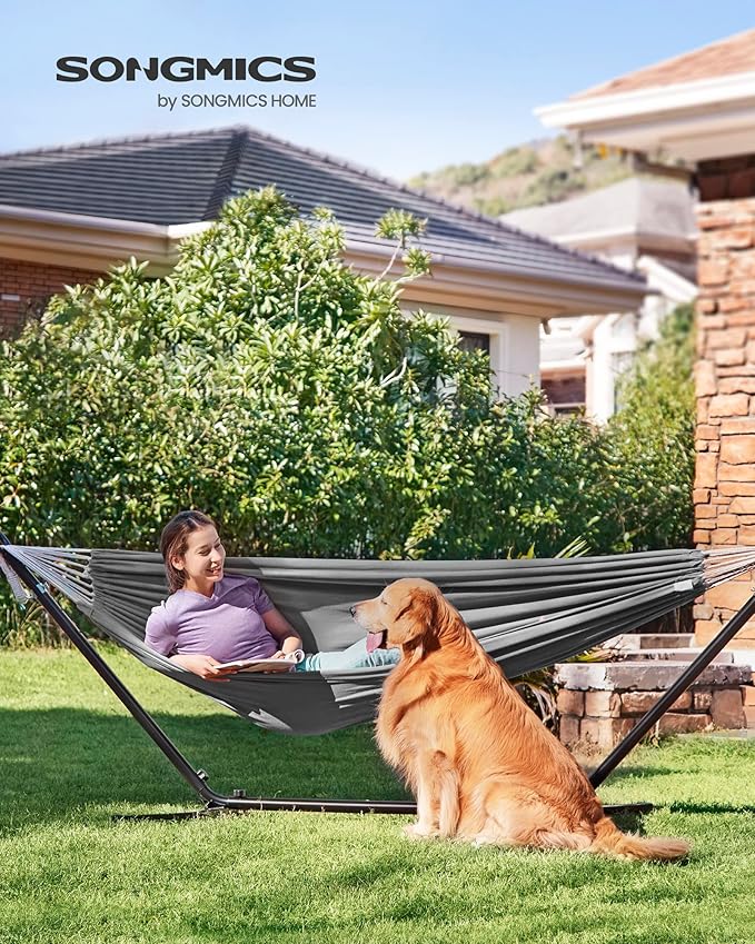 SONGMICS Double Hammock 98.4 x 59.1 Inches 660 lb Load Capacity with Compression Bag Mounting Straps Carabiners for Terrace Balcony Garden Outdoor Camping Gray UGDC15GY