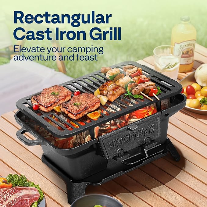 VIVOHOME Rectangle Cast Iron Charcoal Grill with Double-Sided Grate Portable Outdoor BBQ Grill Compact Tabletop Grill Stove (Note: The charcoal grid is made of stainless steel not cast iron)