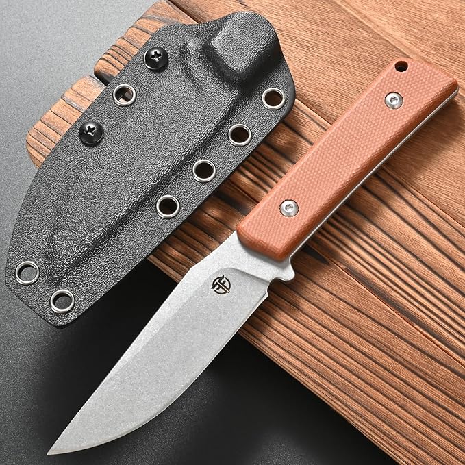 FF104 Fixed Blade Knife 14C28N Steel Blade Micarta Handle Full Tang Knife for Outdoor Camping Hunting Fishing Working(Brown)