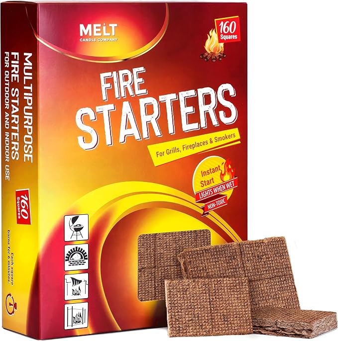 Fire Starter Squares 160 pcs - Charcoal Fire Starters for Campfires Grill Outdoor Pit Fireplace Wood Stove BBQ - Firestarter Sticks Water Resistant &amp Odorless - Camping Accessories Essentia