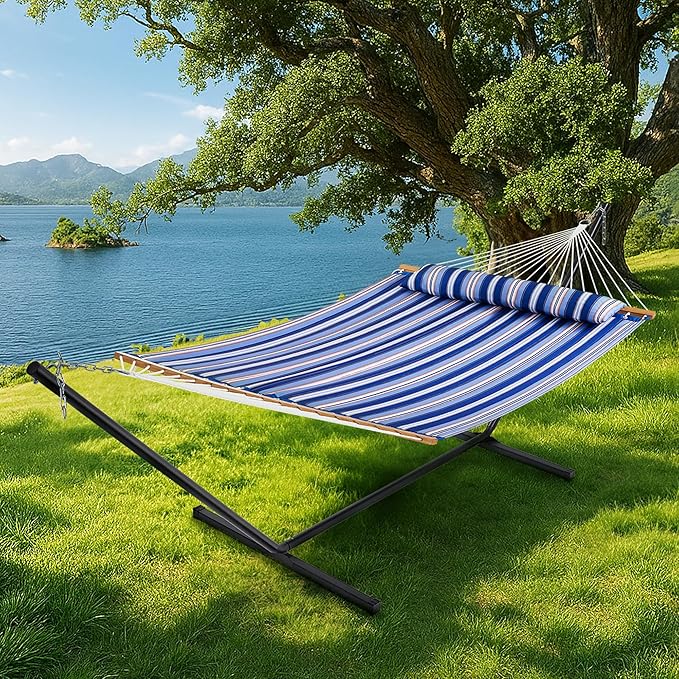 SUPERJARE Hammock with Stand 2 Person Quilted Outdoor Hammock Detachable Pillow &amp Bamboo Spreaders Portable Hammock with Carrying Bag Heavy Duty Stand Perfect for Outside Navy Blue Stripe