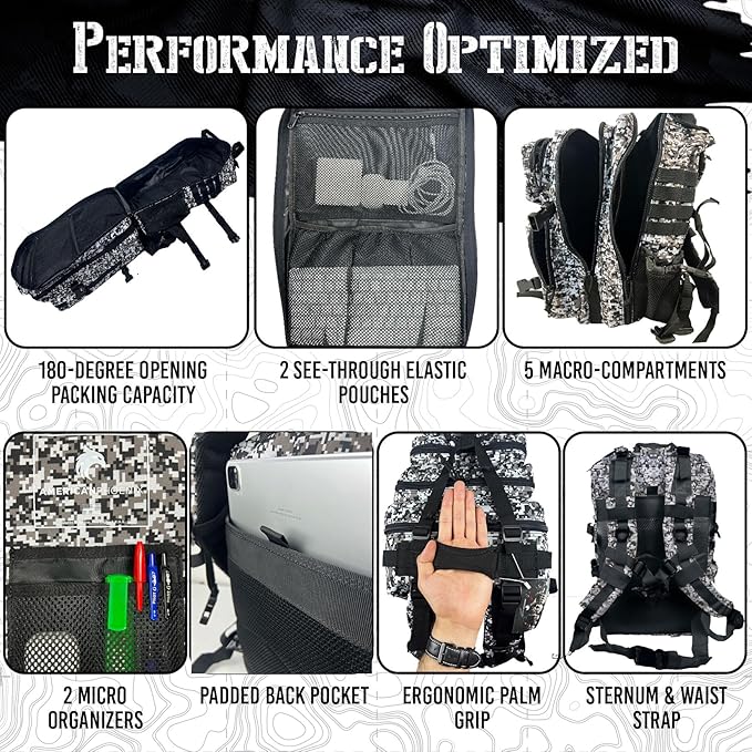 AMERICANPHOENIX 45L Elite Tactical Backpack | 3X Stronger Work &amp Military Backpack | Water Resistant and Heavy Duty | 3 Day MOLLE Bug Out Bag (Snow Leopard)