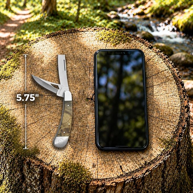 Sarge Knives Two Blade Pocket Knife (2 Blades) Compact Folding EDC Knife with 440 Stainless Steel Razor + Drop Point Maple Burlwood Handle Everyday Carry Knife for Camping Hunting &amp Utility U