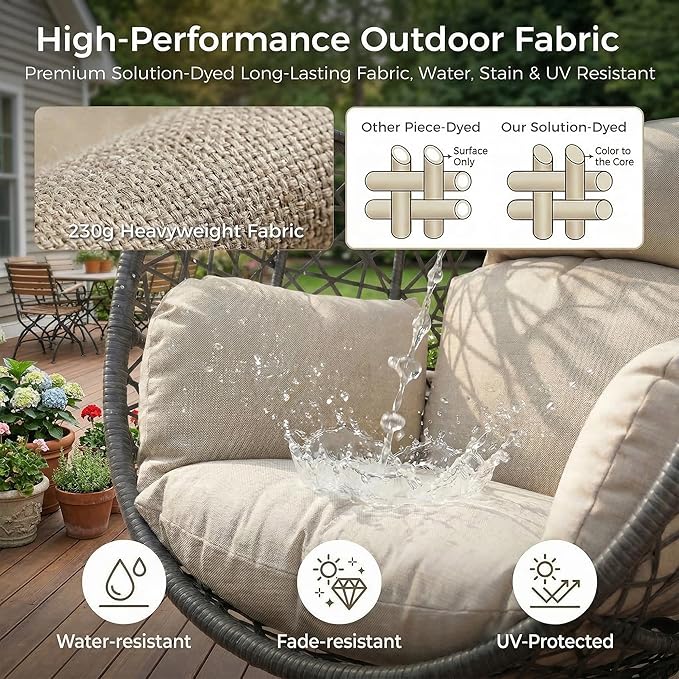 BULEXYARD Oversized Hanging Egg Chair with Stand Indoor Outdoor Grey Wicker Bird Cage Swing Chair Patio Hammock Swinging Chair with Beige Cushion for Balcony Porch 350lbs Capacity