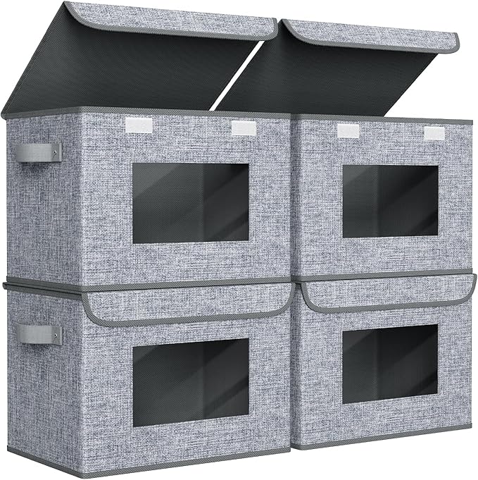 Univivi Fabric Foldable Storage Boxes [4-Pack] Large Collapsible Stackable Storage Bins with Lids Closet Organizers and Storage Cube Basket for Home Office Bedroom (Grey 17'' x 12'' x 12)