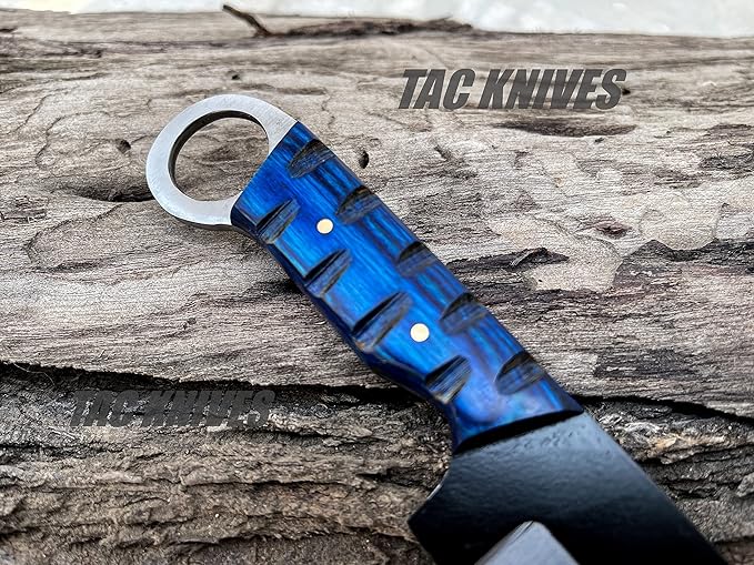 TAC KNIVES 7'' Full Tang Fixed Blade Outdoor Camping Hunting Knife In Sheath Gift For Him | 1095 High Carbon Steel Knife | SKINNER Gift | Cowboy knives | Pancake leather sheath (BLUE)