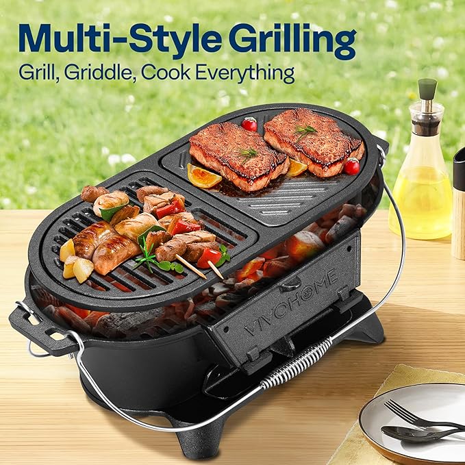 VIVOHOME Oval Cast Iron Grill with Interchangeable Grates &amp Griddle 2 Furnace Doors for Heat Control Includes Gloves Poker and UV-Resistant Cover