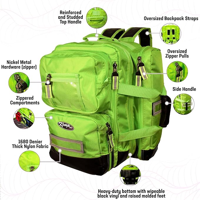 Kemp USA Ultimate EMS Backpack EMT Emergency Medical Bag Fits BLS ALS Gear and D Tank Oxygen Cylinder 1680D Nylon Multiple Grab Points Chest Waist Straps Color Coded Pouches Neon Green