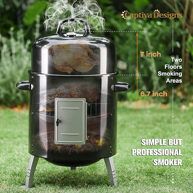 Captiva Designs 17-Inch Outdoor Vertical Smoker Wood Chunks Smoker with Thermometer for Outdoor CookingGrillingPicnicCamping and Party