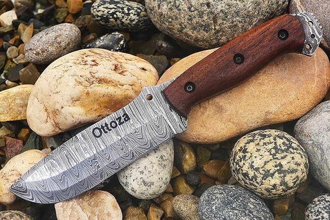 Ottoza Fixed Blade Hunting Knife with Leather Sheath and Horizontal Carry - Wood Handle - Full Tang Outdoor Survival and Camping Knife for Men 433