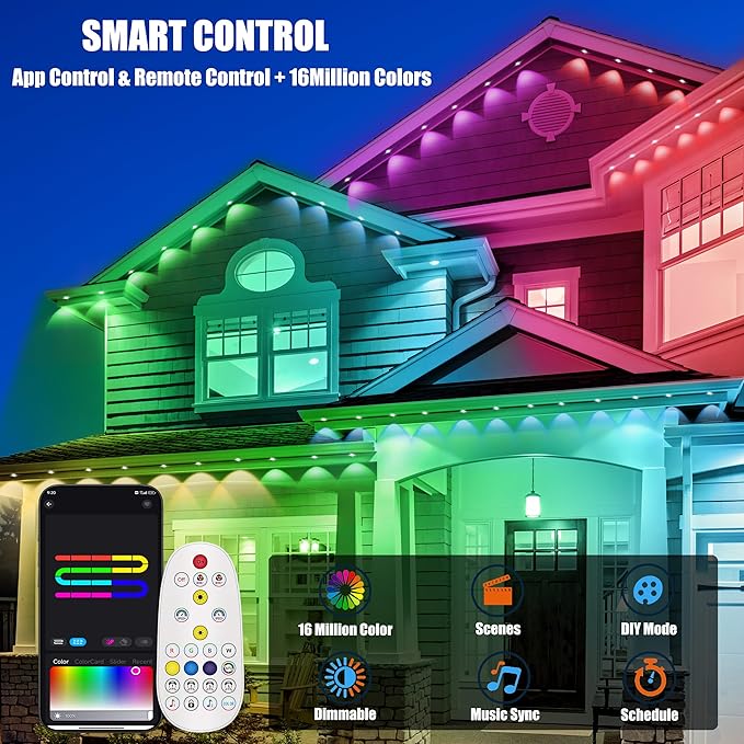50FT Permanent Outdoor Lights with 30 Smart RGB LED Eave Lights APP/Remote Control IP67 Waterproof for House Roof Eave Garden Outdoor Decorations Christmas Party Decor