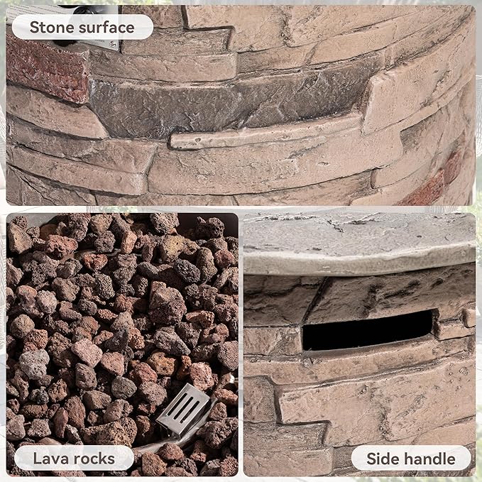 COSIEST Outdoor Propane Concrete Fire Pit Table w Imitation Stone Surface 32-inch Round Fire Table Certified 40000 BTU Stainless Steel Burner Free Lava Rocks Fits 20lb Tank Inside