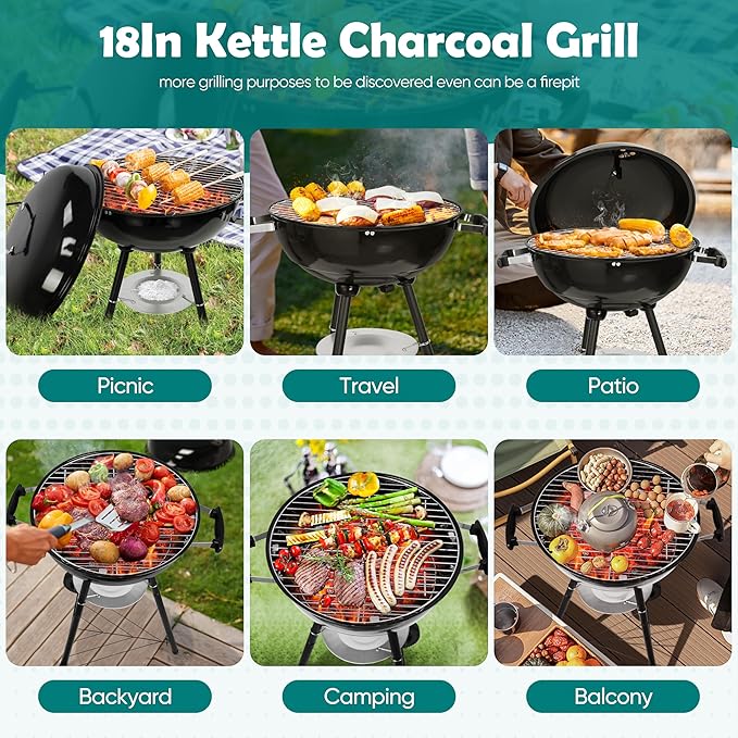 HaSteeL 18 Inch Charcoal Grill Black Kettle Outdoor Barbecue Grill 2-In-1 Portable BBQ Grill with Wheels for Camping Backyard Patio Picnic Porcelain-Enameled Lid &amp Fire Bowl 254.SQ.IN Cooking
