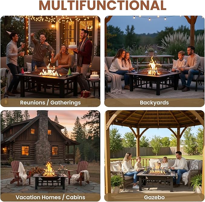 Fire Pit Set Wood Burning Pit -Includes Screen Cover and Log Poker- Great for Outdoor and Patio 37” Marble Tile Rectangular Firepit by Pure Garden