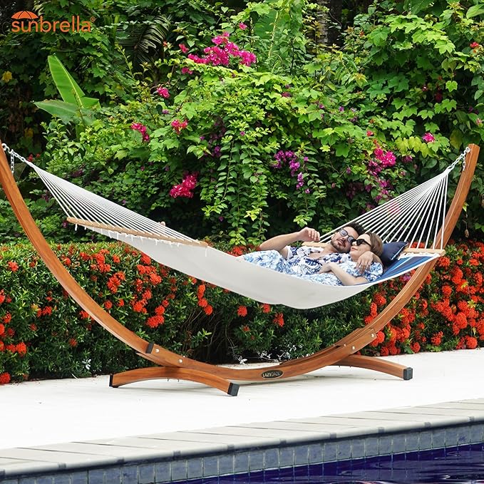 Lazy Daze Hammocks 12 FT Sunbrella Fabric Quilted Hammock Double Sunbrella Quilted Hammock with Spreader Bars &amp Pillow All Weather and Fade Resistant for Outdoor 450 lbs Capacity Gateway Indigo